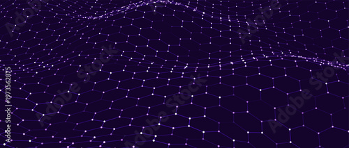 A vibrant hexagonal grid gently curves like a living digital fabric. A futuristic hexagonal background. Glowing nodes are connected by lines, forming a honeycomb structure.