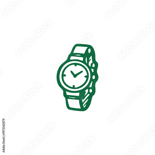Minimalist green line art of a wrist watch with a circular dial and strap