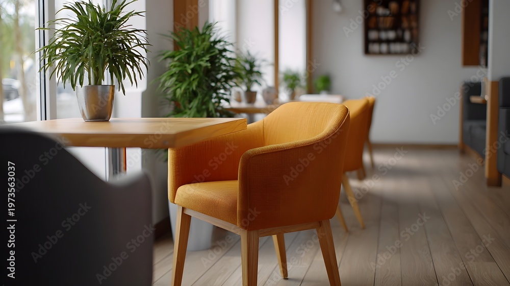 Fototapeta premium A bright minimalist cafe interior featuring modern orange seating natural wood tables and vibrant potted greenery