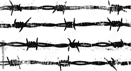 Grunge barbed wire fence isolated on white background rough textured metal security barrier, sharp spikes detail