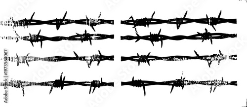grunge black barbed wire patterns with distressed texture isolated on white background