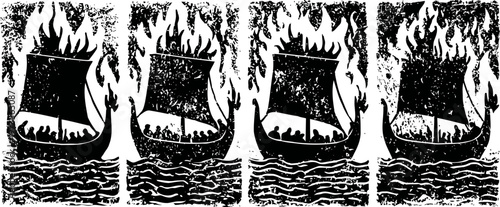 ancient viking ship sailing with square sail engulfed in flames, old woodcut illustration