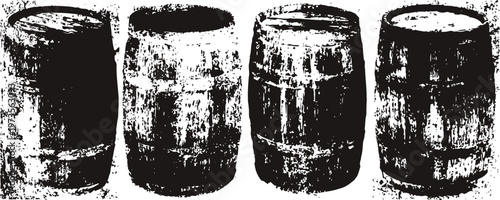 Rustic wooden barrels arranged in a row with distinct textures and natural wood grain patterns