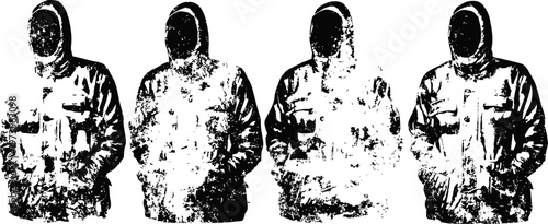 Four hooded men standing with hands in pockets, grunge black and white silhouette