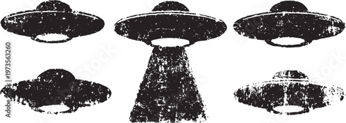 Grunge flying saucer collection with alien spaceship abducting beam in retro vintage