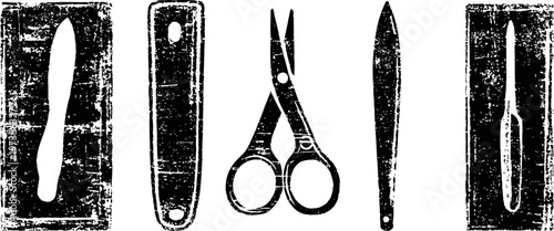Vintage manicure tools set with nail file, scissors, cuticle pusher and nail cleaner in black silhouette