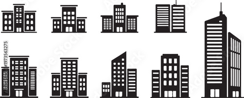 Collection of modern city buildings and skyscrapers in simple flat design