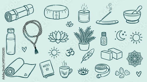 Zen yoga meditation and wellness icons set for relaxation and mindfulness practice with natural elements and spiritual symbols