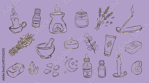 Aesthetic collection of aromatherapy and wellness items including candles, essential oils, herbs, and crystals for relaxation and self care rituals
