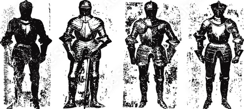 Four medieval knights in shining armor standing side by side silhouette