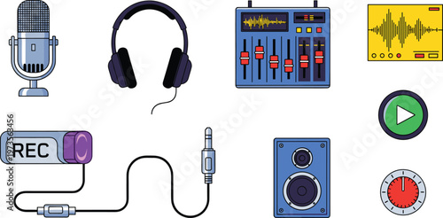 Audio Recording and Sound Editing Icons Set Featuring Microphone, Headphones, Audio Mixer, Recorder, Speakers, Sound Waves, and Play Button for Music Production and Audio Tools