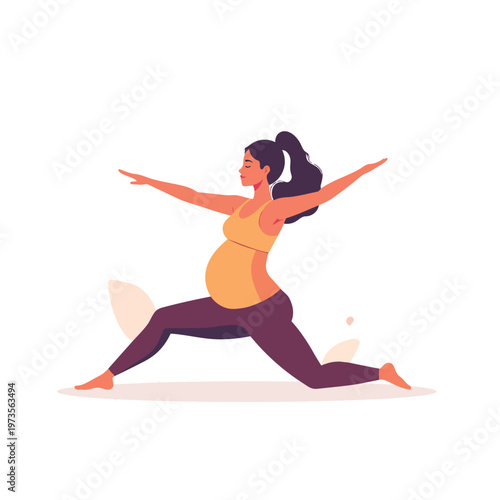 Pregnant woman practicing prenatal yoga in warrior pose for wellness vector.