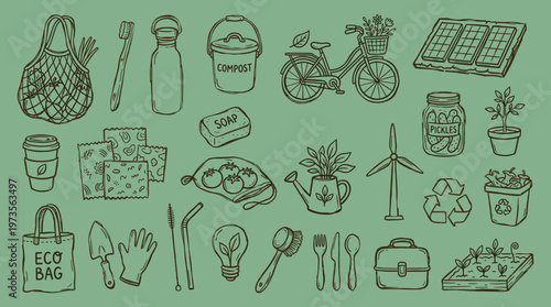 Eco friendly lifestyle elements and sustainable living symbols hand drawn sketch on green background