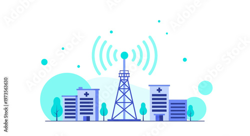 Cityscape with communication tower broadcasting signal, modern buildings, trees, and abstract circles