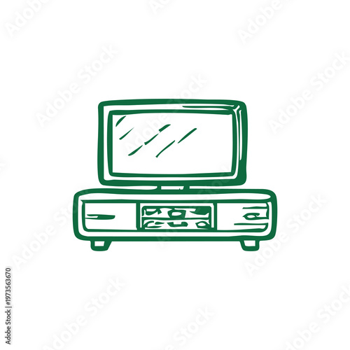 Minimalist green line art of a television on a media console