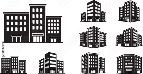 Set of modern city buildings in black and white  urban architecture