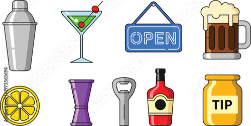 Bar and Cocktail Icon Set Featuring Shaker, Glass, Beer, Lemon, and Tip Symbols in Vector Style