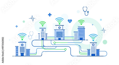 Connected Healthcare Network: Hospitals with WiFi, Medical Icons, and Data Flow