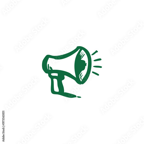 A green-colored megaphone illustration with sound waves emanating from it on a white background