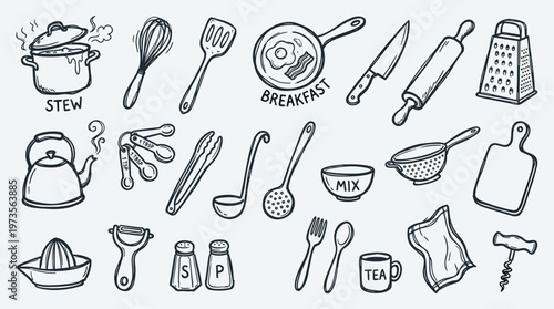 Hand drawn collection of kitchen utensils and cooking equipment, perfect for culinary themes, recipe blogs, and food preparation illustrations