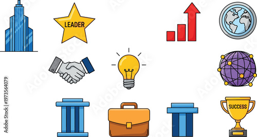 Business Leadership and Success Icon Set Featuring Building, Star, Growth, Globe, and Achievement Symbols in Vector Style