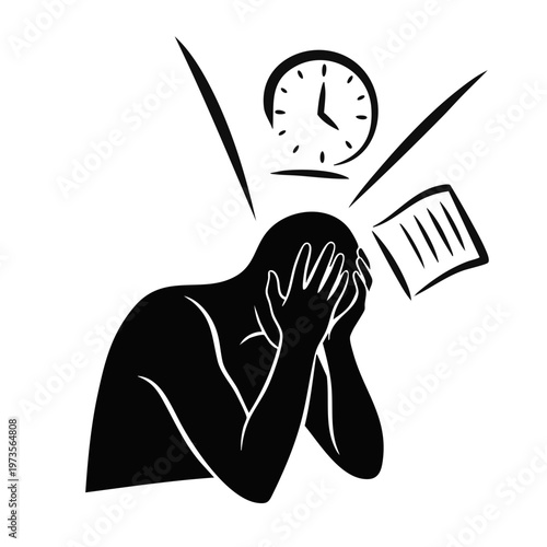 Stressed person under deadline pressure. Burnout and overwork concept icon. Minimalist vector silhouette illustration
