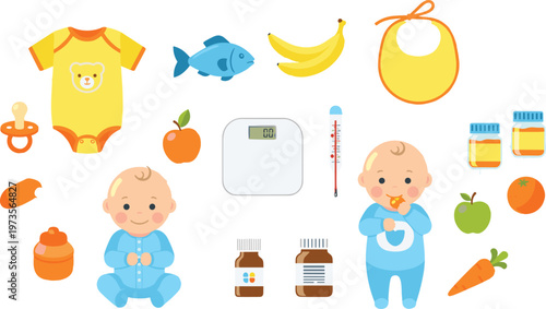 Baby Care and Nutrition Vector Set Featuring Infant Clothes, Food, Feeding Accessories, Fruits, Medicine, and Health Monitoring Essentials Collection