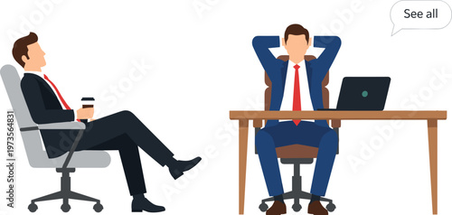 Businessmen Relaxing and Working in Office Vector Illustration Set Featuring Coffee Break, Stress Relief, and Corporate Workplace Productivity Scenes