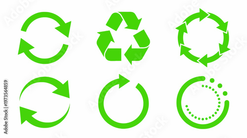 Set of green recycling and circular-arrow icons representing sustainability, recycling, and the circular economy