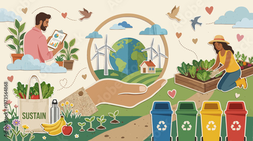 Sustainable living illustration: hands nurturing Earth with plants, recycling bins, and eco-friendly gardening practices