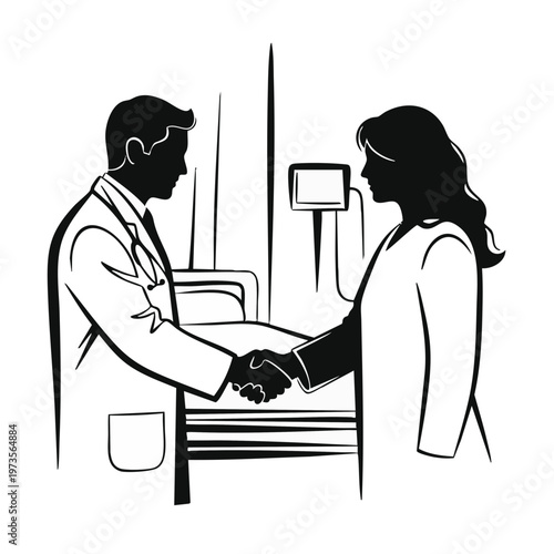 Two doctors shaking hands in a hospital. Medical partnership and healthcare collaboration concept. Black and white vector illustration