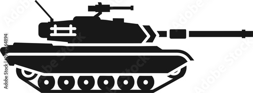 Black military tank silhouette icon of heavy armored combat vehicle for army warfare and defense concepts isolated on white background