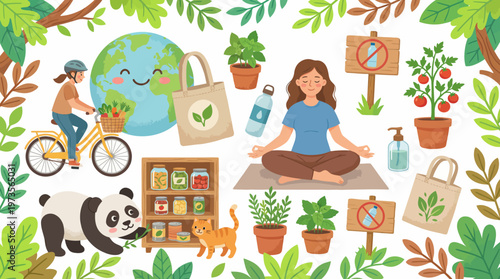 Vibrant eco-lifestyle collage showcasing sustainable living: cycling, mindful meditation, urban gardening, plant-based foods and zero-waste habits