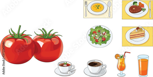 Collection of Fresh Food and Beverage Vector Illustrations Featuring Tomatoes, Soup, Steak, Salad, Cake, Coffee, and Juice for Menu Design