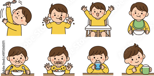 Cute Baby Boy Eating and Drinking Activity Vector Set Featuring Messy Feeding, Spoon Use, Drinking Milk, and Happy Mealtime Expressions