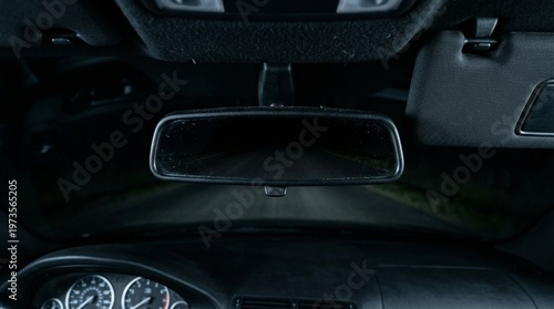 Konstfotografi Dark Night Road Reflecting In Car Rearview Mirror Interior