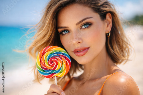 Woman Holding Rainbow Lollipop on Sunny Beach