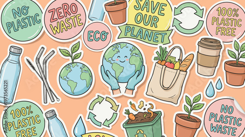 Vibrant sustainability collage featuring Earth, zero-waste icons, plant pots, reusable bottles, and eco-friendly messaging