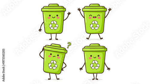 Four smiling cartoon green recycling bins with arms and legs, cheerful waste separation and eco-friendly recycling concept.