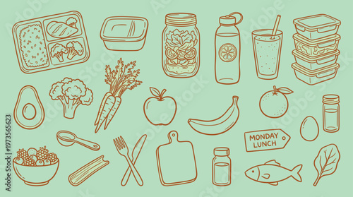 Healthy Meal Prep Collection of Food Items and Containers for Balanced Nutrition and Diet Planning