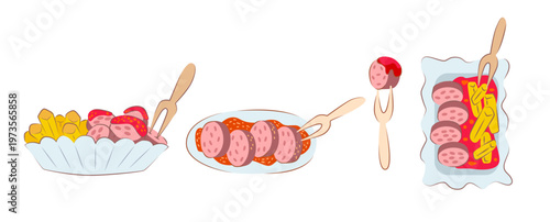 German sausage dishes with currywurst and pommes. Flat vector illustration of traditional street food with sliced sausage, ketchup and fries, perfect for menu design or food graphics.