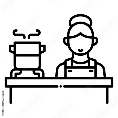 Woman Cooking Food in a Pot on Stove, Line Art Style