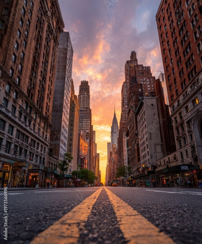 New York City Skyline at Sunset Through a Street View.