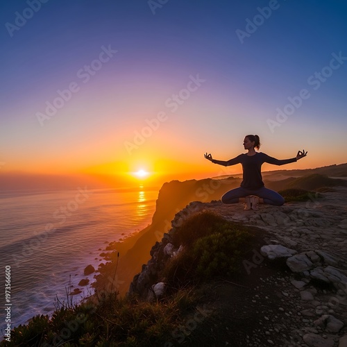 Silhouette of a woman practicing yoga on a cliff overlooking the ocean at sunset.