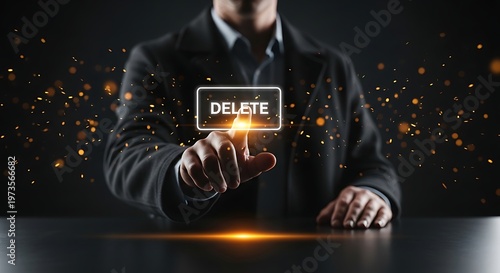 Businessman Pressing Virtual Delete Button for Data Removal and Digital Security.
