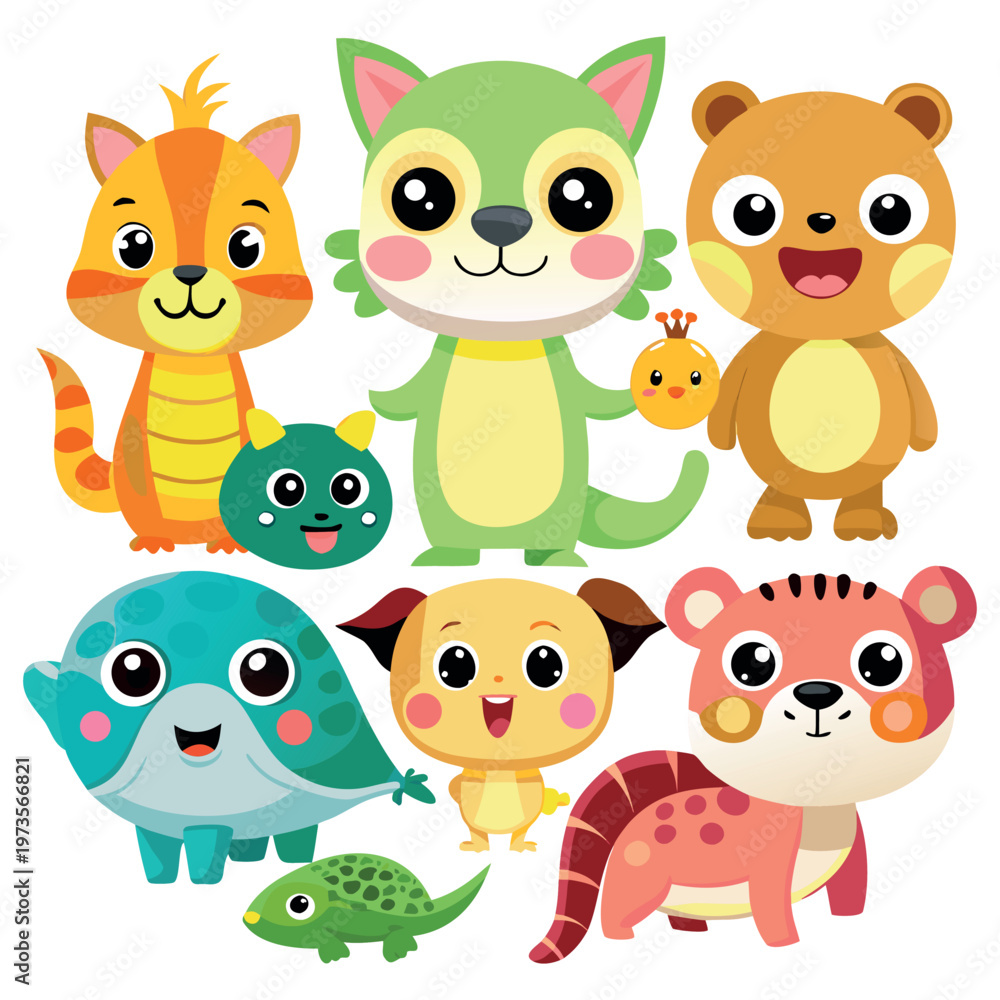 Obraz premium Cute Cartoon Animal Set Vector Illustration, Kawaii Zoo Characters Collection for Kids, Funny Baby Animals Isolated on White Background