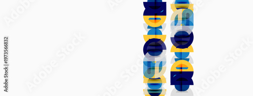 Abstract geometric shapes, vertical arrangement, blue, yellow, gray tones. Minimalist design, clean lines, modern aesthetic.