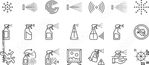 Cleaning spray and disinfection line icon set sanitizer bottle mist droplets hygiene protection antibacterial vector illustration minimal design