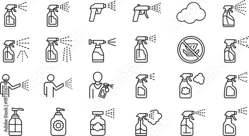 Cleaning spray bottle and disinfection line icon set sanitizer mist hygiene antibacterial protection vector illustration minimal design collection