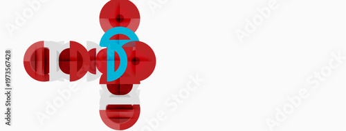 Abstract design features overlapping red circles, plus cyan central element. Minimalist composition, clean lines, modern aesthetic.